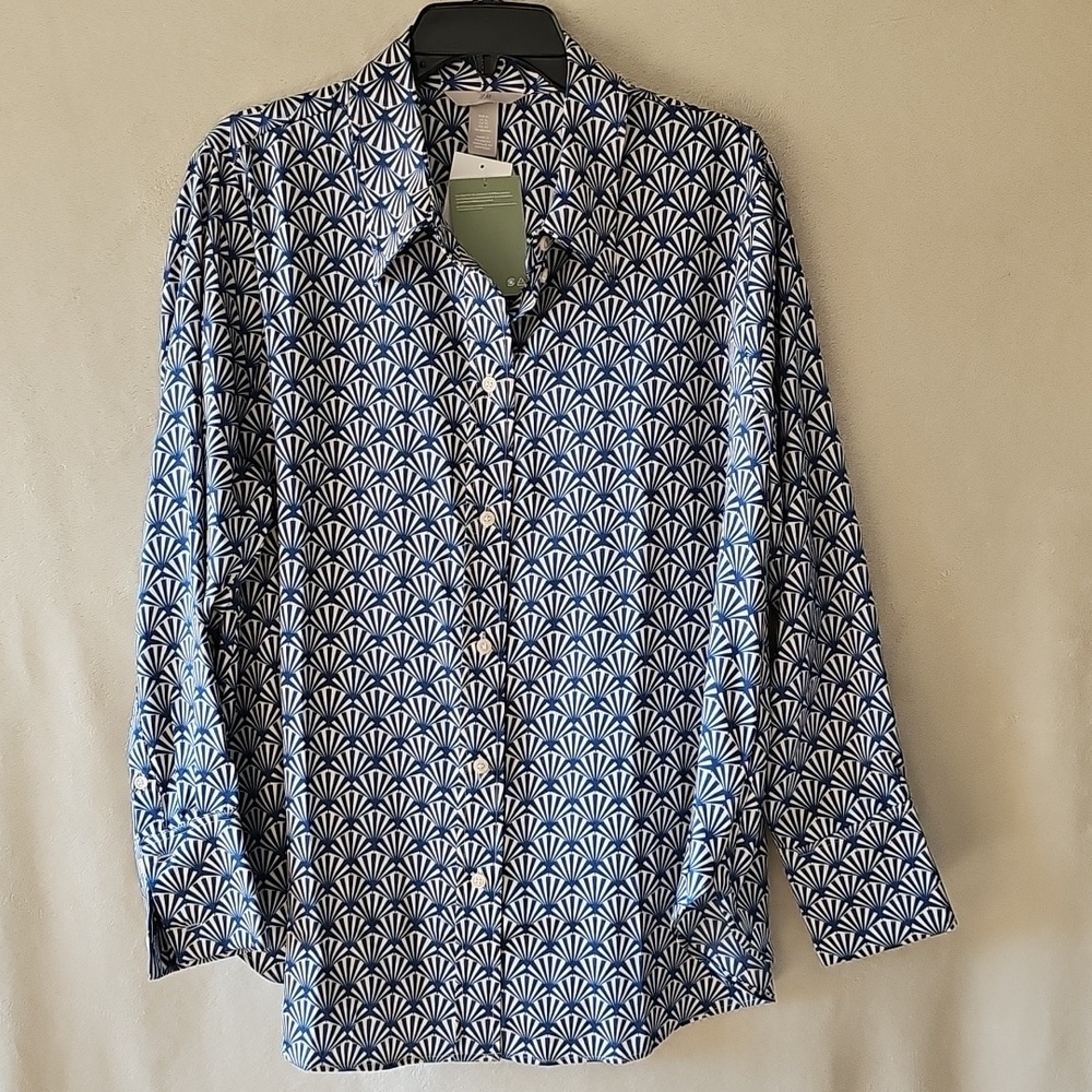 H&M Blue and Cream Patterned Silky  Blouse NWT XL